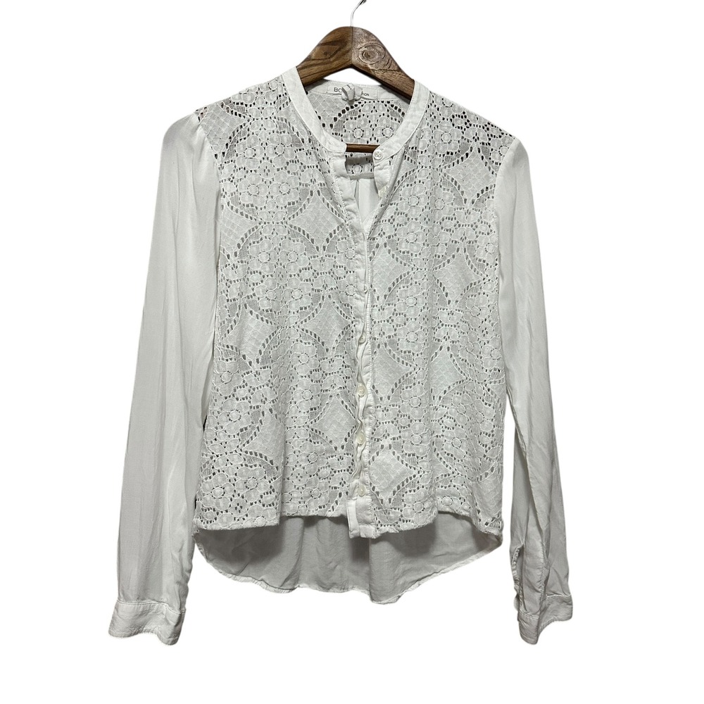 BCBGMAXAZRIA White Lace Overlay Button Up Shirt Women's Size S Long Sleeve